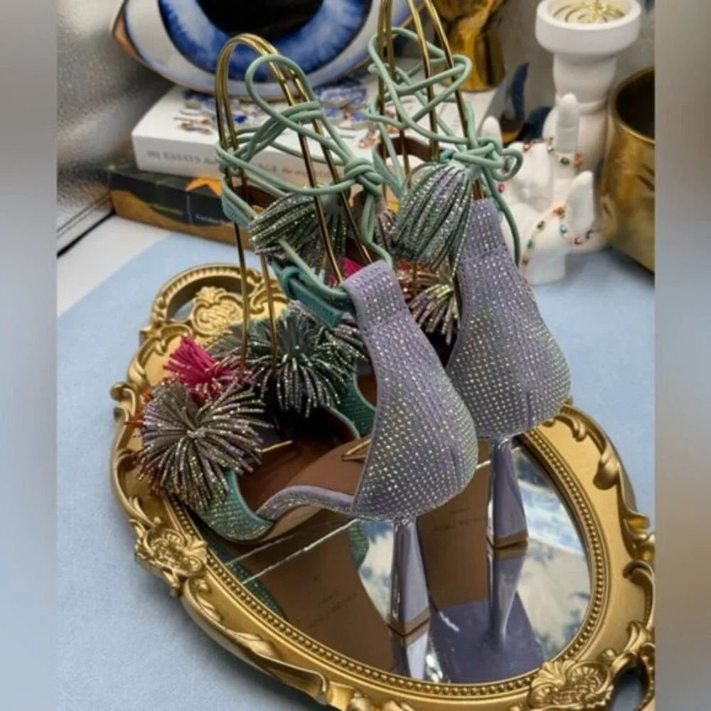 🆕 KURT GEIGER LONDON 🧿 NWOB Lilac & Teal Pom Pom Tie Ankle Heel, Sz 36 US 6 - Picture 10 of 15